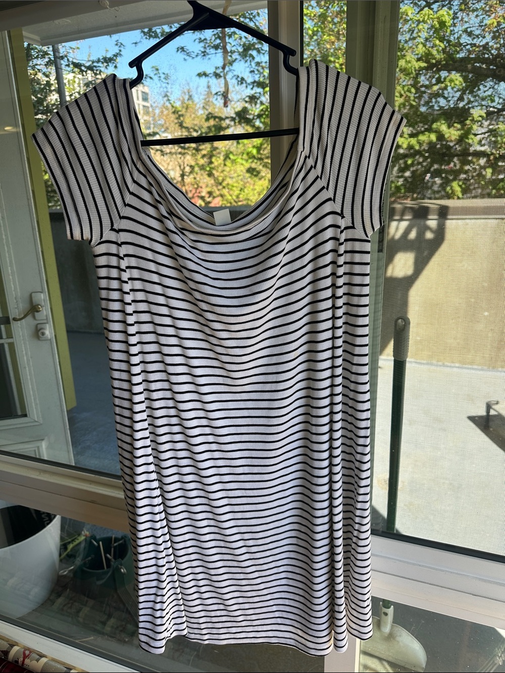 Old Navy White and Black Striped Off the Shoulder Dress
